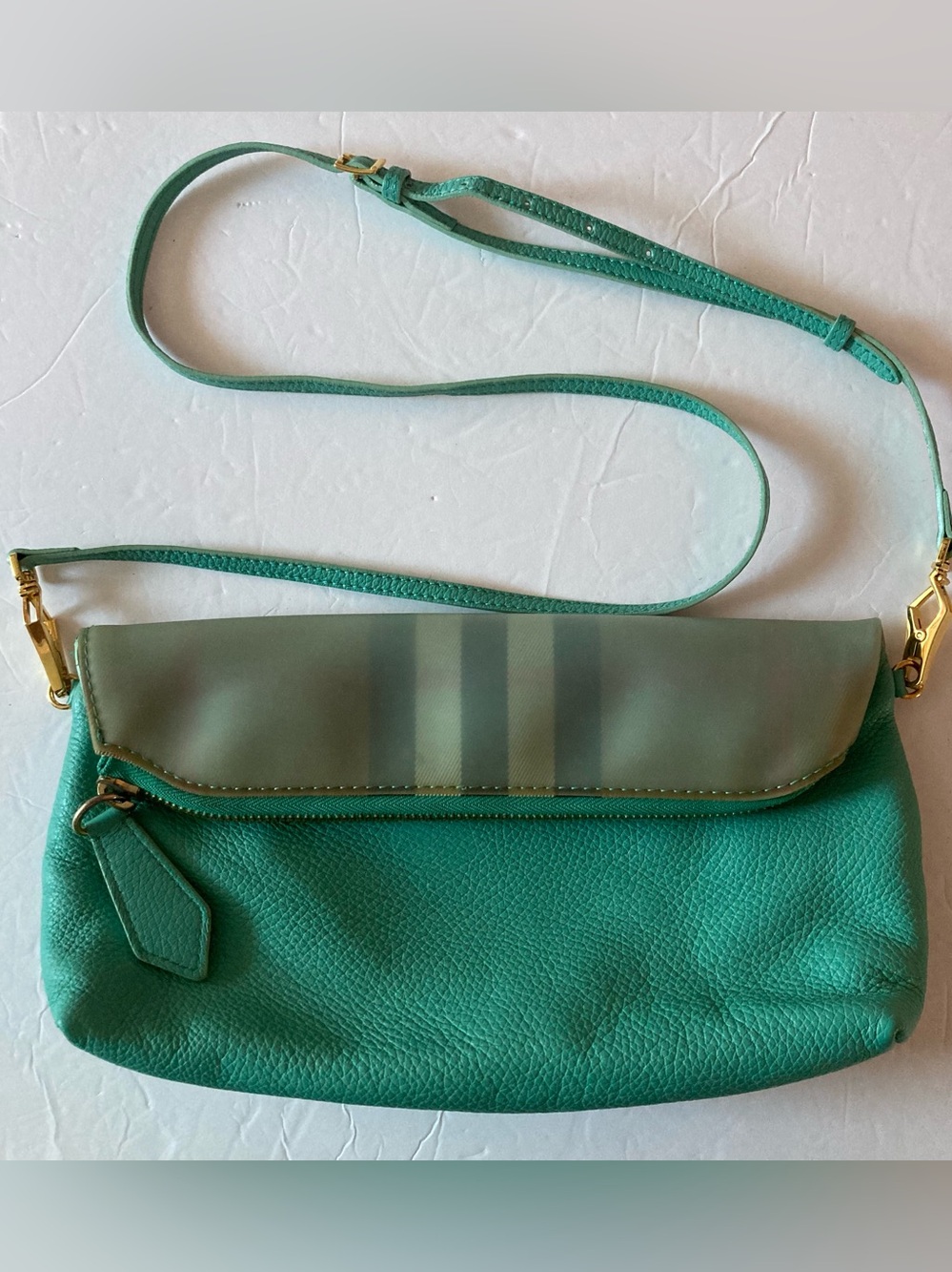 Burberry Prorsum Teal Green Leather Crossbody Bag with Signature Stripe Flap